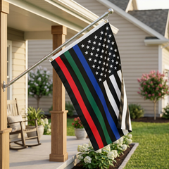 Memorial flag flying from a porch-mounted flagpole