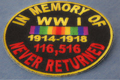 In Memory Of World War 1 Round Iron on Patch - 3x3 inch
