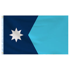 A rectangular flag featuring a blue field with a large white star and a smaller blue star on the upper part, representing the state of Minnesota.
