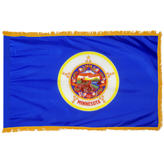 Minnesota state flag with a blue field, gold fringe, and the state seal centered in a white circular medallion.