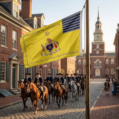 Philadelphia Light Horse flag flying above mounted cavalry in Revolutionary-era Philadelphia