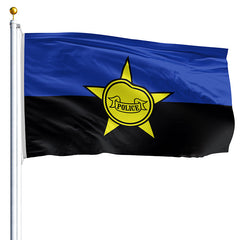 Police Honor and Remembrance flag – blue and black with gold police badge, waving view