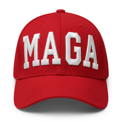 Red MAGA embroidered cap, square studio product shot on white