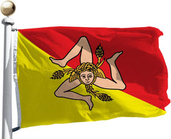 Flag with a red and yellow design featuring a nude figure on a white background
