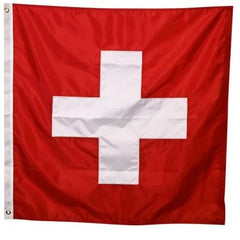 A red Swiss flag with a white cross, shown hanging flat against a white background.