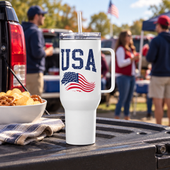 USA flag travel mug at a tailgate gathering