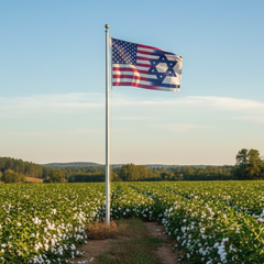 A flag featuring elements of the American and Israeli flags, with a solid red horizontal stripe, a blue vertical stripe with white stars, and a blue Star of David on a red background.