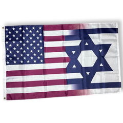 A flag featuring elements of the American and Israeli flags, with a solid red horizontal stripe, a blue vertical stripe with white stars, and a blue Star of David on a red background.