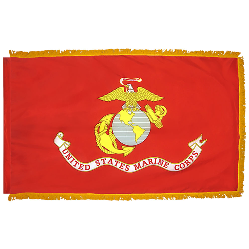 A red United States Marine Corps flag with gold fringe on all sides and the gold Eagle, Globe, and Anchor emblem centered on a white background.