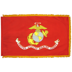 A red United States Marine Corps flag with gold fringe on all sides and the gold Eagle, Globe, and Anchor emblem centered on a white background.