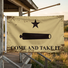 Vintage Gonzales Come and Take It flag displayed on a porch