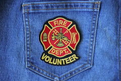 Volunteer Fire Department 3x3.5 inch embroidered patch - jeans view