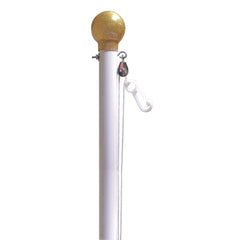 A close-up of a flagpole with a glittery gold finial, a white pole, and a white drawstring with a white clip, shown against a plain white background.