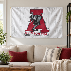 Alabama College Vault White Elephant & Block A flag displayed indoors — lifestyle visualization