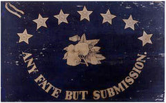 A rectangular flag with a starry blue background and the text 'ANY FAKE BUT SUBMISSION' in bold white letters, surrounded by a decorative border with stars.