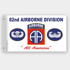 82nd Airborne Division flag with three emblems and 'All American' text on a white background