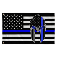 Police Spartan Helmet Thin Blue Line USA Flag - Made in USA Black Header.