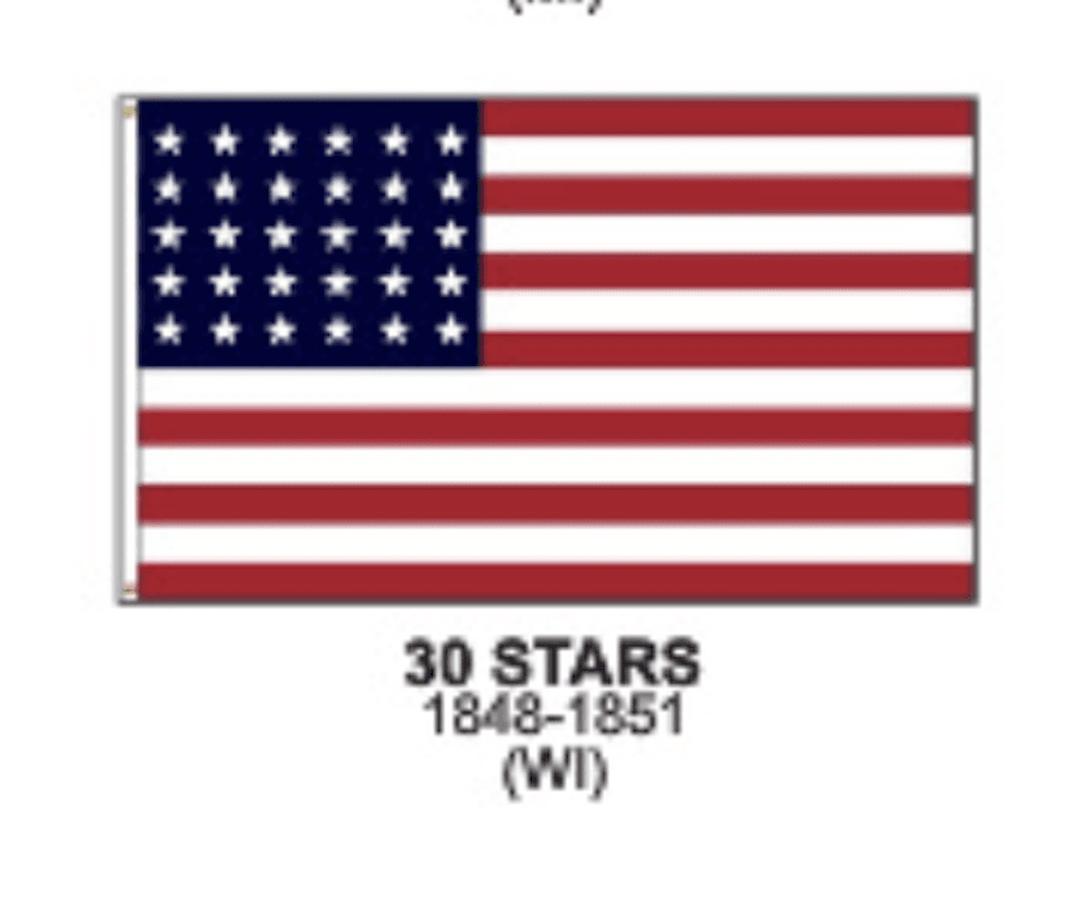 30 Star US Flag -Nylon Appliqué Cut and Sewn Made in USA Wisconsin.