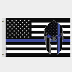 Police Spartan Helmet Thin Blue Line USA Flag - Made in USA Black Header.