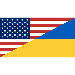 A flag featuring two adjacent triangles, one blue with white stars from the USA flag and one yellow from the Ukraine flag, representing the USA Ukraine Friendship Flag.