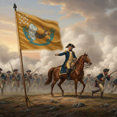 Painting of a historical battle scene with a leader on horseback holding a flag.