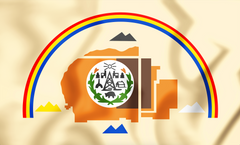 The image displays the Navajo Nation Flag, featuring a emblem with geometric shapes and a rainbow-like arc over a silhouette of the state of Arizona.