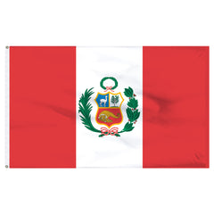 Peru flag with a white and red design and the national emblem of Peru in the center.