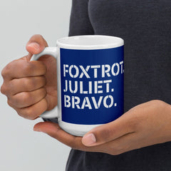 Foxtrot Julet Bravo White glossy mug